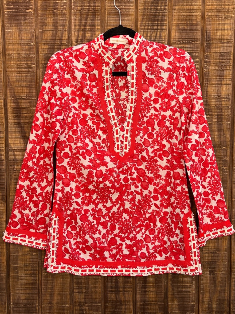 Tory Burch Red And White Floral Tunic Top With Crochet Ribbon Detail